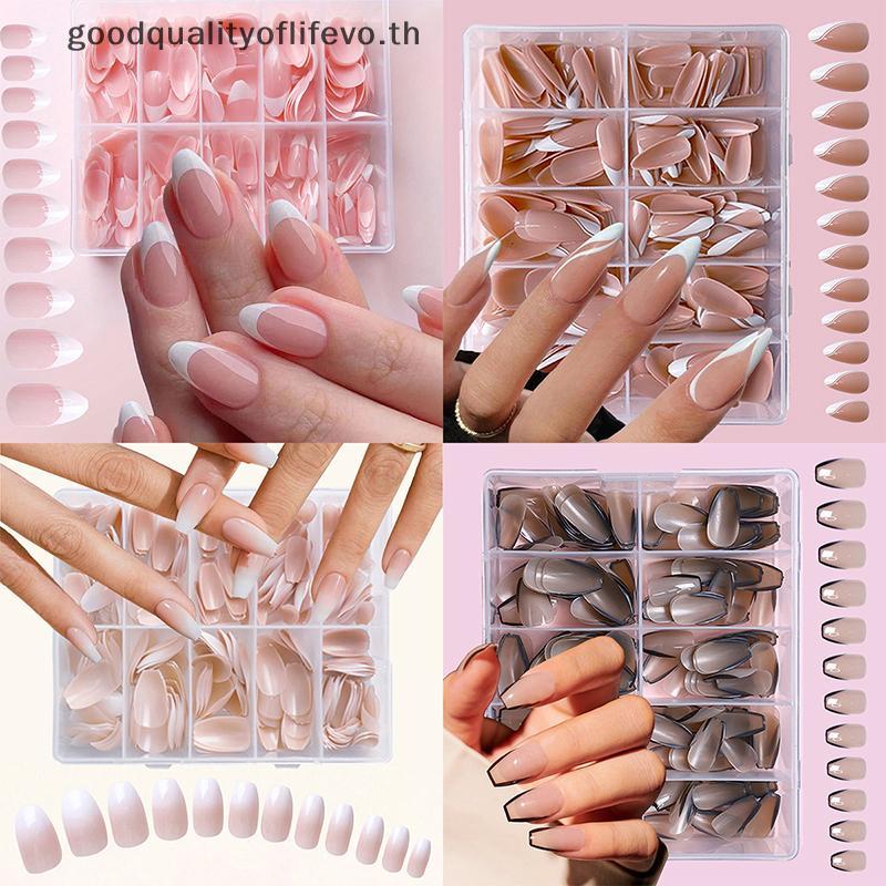 L&Z 120/240/360 ชิ้น/กล่อง Glossy Soft Gel สีชมพู French Nail Tips Medium Almond White Simple Press 