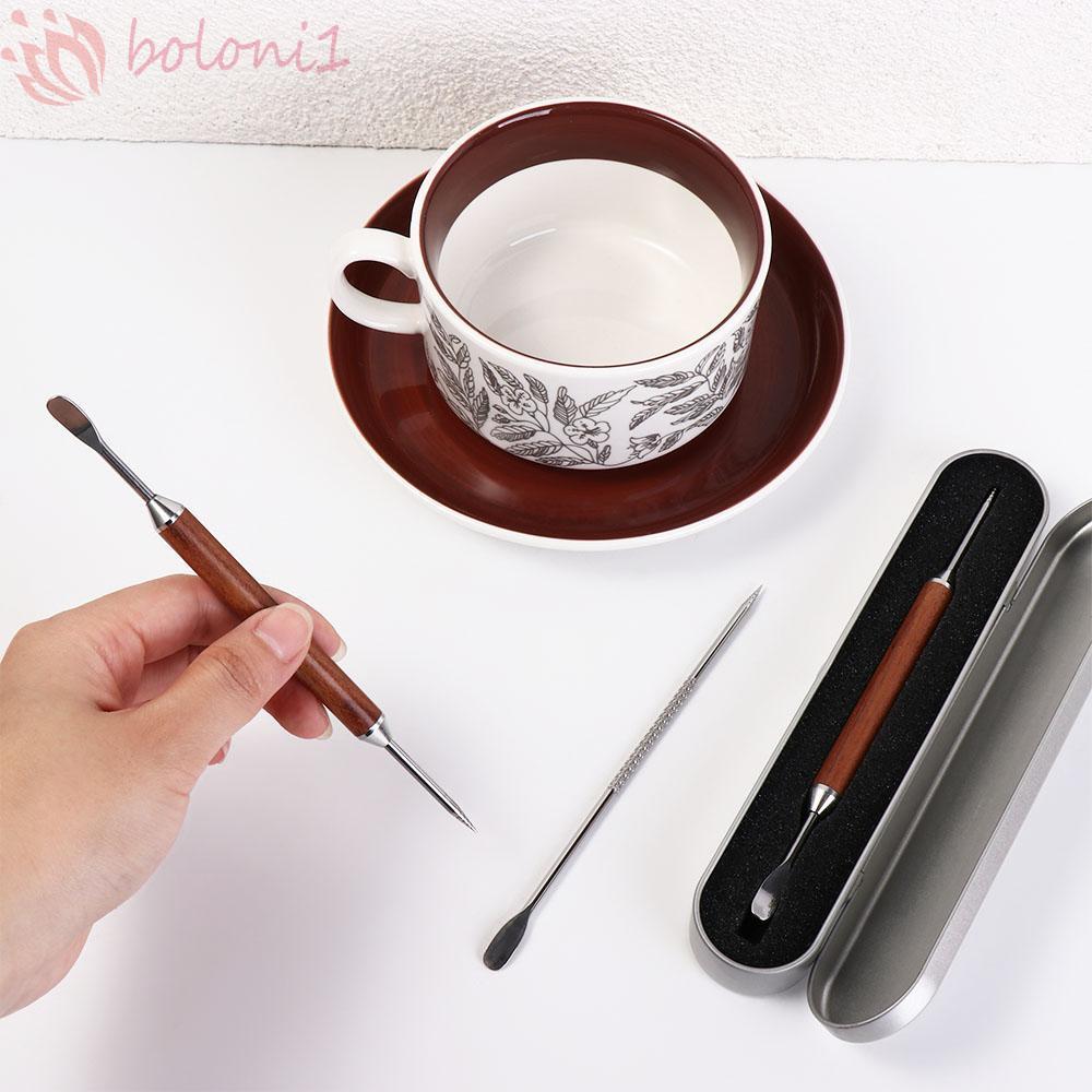 [ปลาค็อด] ปากกาศิลปะกาแฟลาเต้ด้ามไม้เข็มกาแฟสแตนเลสทนทานพร้อมกล่องกันสนิมการออกแบบปลายคู่อุปกรณ์เสริมเอสเปรสโซบาริสต้า