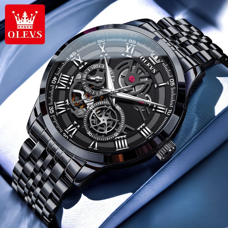 OLEVS 7076 Simple Trend Automatic Mechanical Watch Steel Band All-Match Mens Watch (กล่องนาฬิกาเดิม)