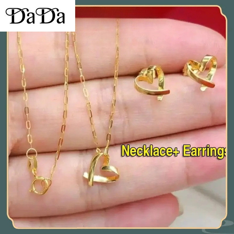 COD Original 18k Saudi gold pawnable Nasasangla 99.99% Hollow Heart ต่างหูและสร้อยคอชุดสําหรับผู้หญิ
