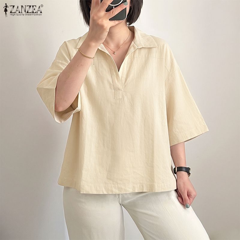ZANZEA ผู้หญิงเกาหลีปกลําลอง Five-Quarter Sleeve Half Placket เสื้อหลวม — صورة 5