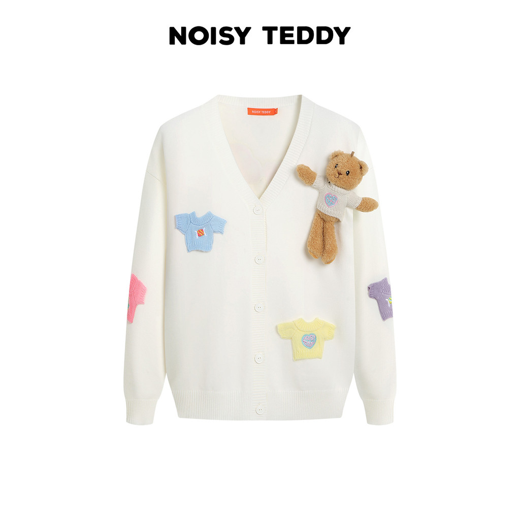 นอย TEDDY 2026 ฤดูใบไม้ร่วงสุภาพสตรีน่ารักสามมิติหมีคอวีแขนยาวถักคาร์ดิแกนหลวมทั้งหมด @