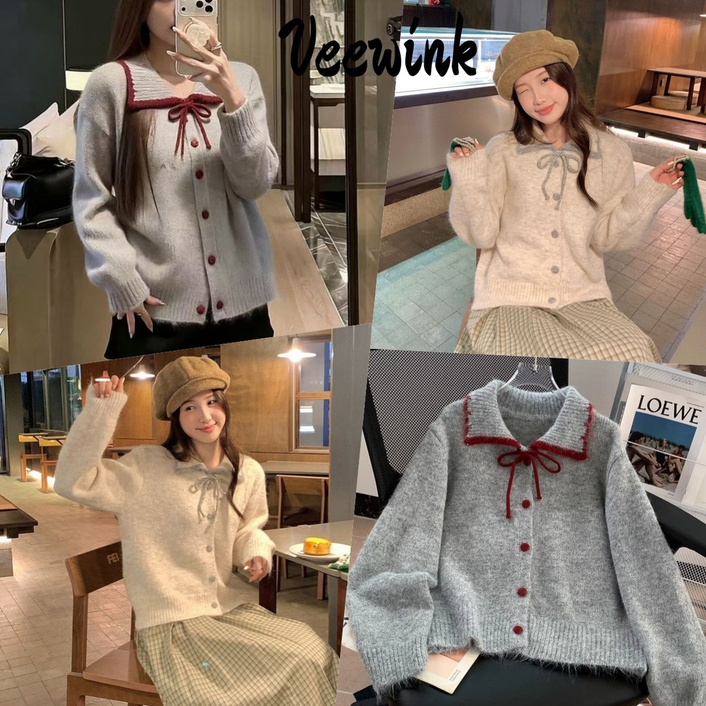 Veewink เสื้อไหมพรมแขนยาวคอปกกระดุม โบว์เกาหลี แมทช์ง่าย ใส่ได้ทุกวัน ดูดี
