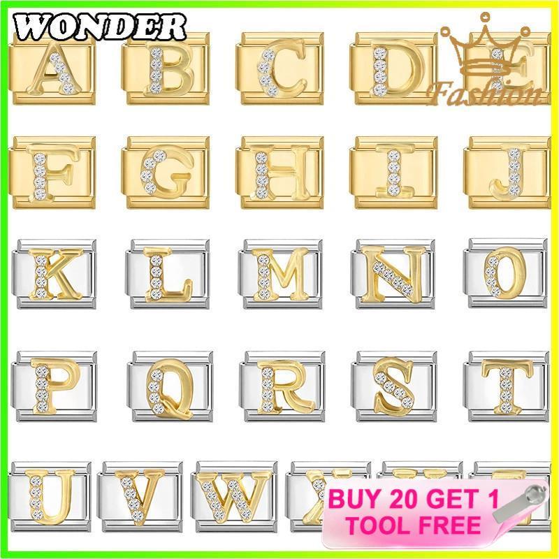 Silver Golden Base ตัวอักษรภาษาอังกฤษอิตาเลี่ยน Charm สร้อยข้อมือ Fit 9 มม.สร้อยข้อมือสแตนเลสเครื่องประดับทําอุปกรณ์ DIY Retro บุคลิกภาพโมดูลสร้อยข้อมือ
