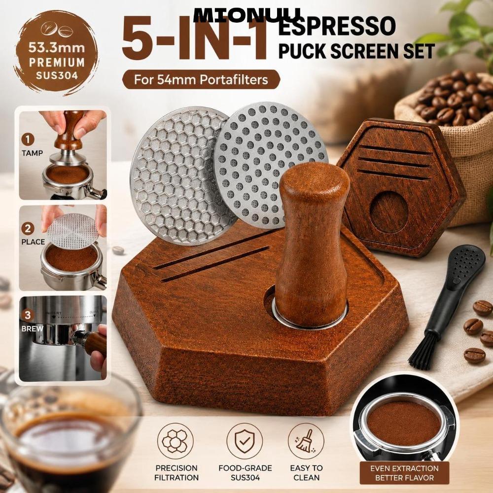 MIONUU Espresso Puck Screen Kit, Sapele Wood Stand Magnetic Pickup Coffee Puck Screen Set, Dual Puck