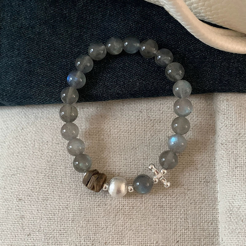 [Miaom] Cool Feeling Grey Blue Opal Beaded Elastic Rope Bracelet Simple Fashion Trend All-Match Brac