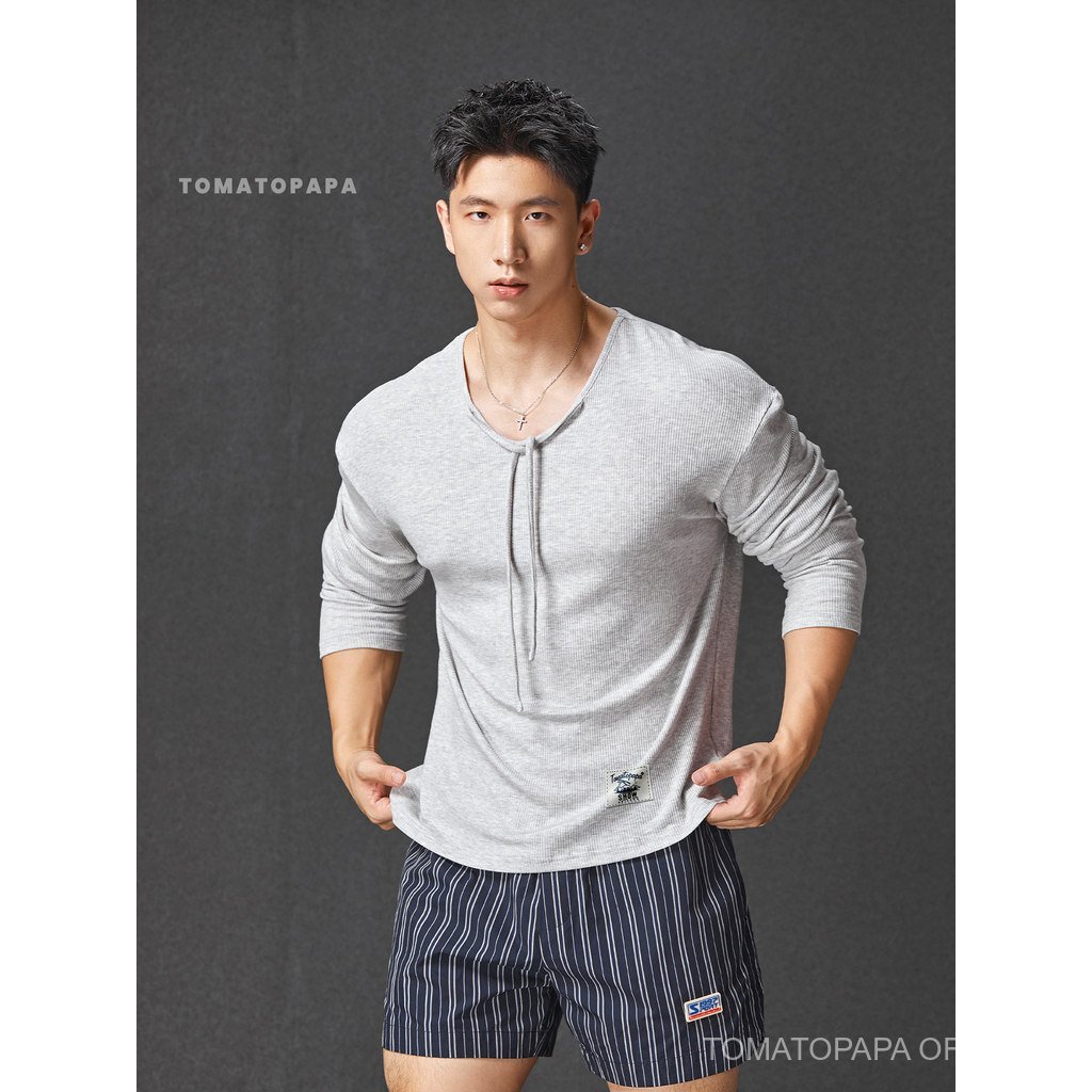 TOMATOPAPA ผู้ชายสไตล์ลําลอง V คอ Laced-Up เสื้อกันหนาวแขนยาว-Bottomingเสื้อ Lyocell ฤดูใบไม้ร่วงกีฬาฟิตเนส — صورة 2