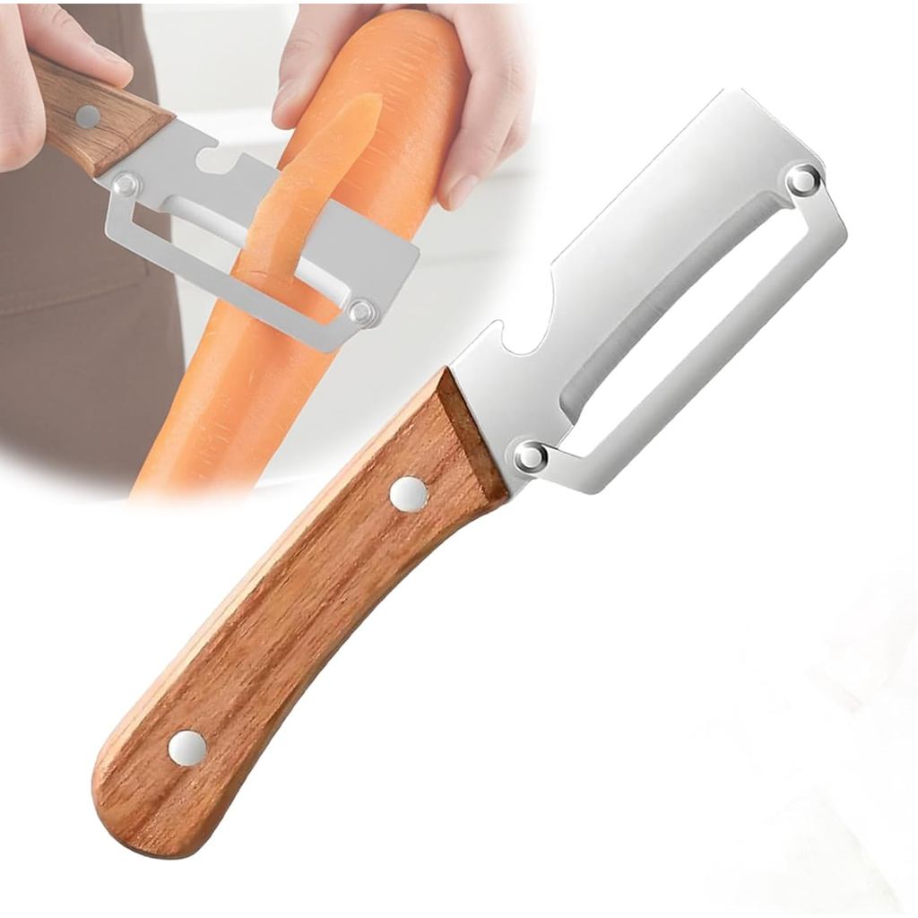 Sakerplus เครื่องปอกผักมัลติฟังก์ชั่นพร้อมที่จับไม้และที่เปิดขวด ใบมีดสแตนเลส 2-in-1 คอนทัวร์-โฟลว์ส