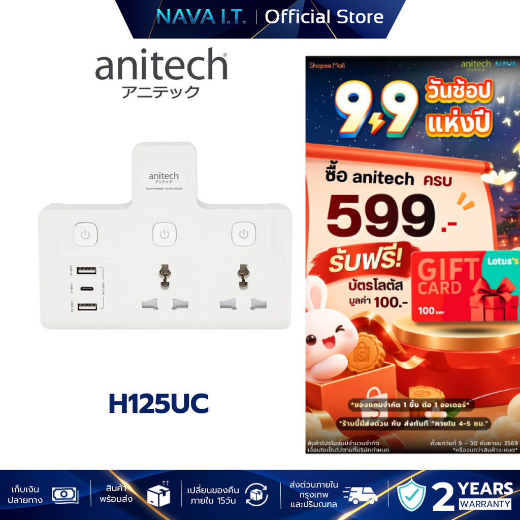 ANITECH H125UC-WH ปลั๊กไฟ 2 ช่อง 3 สวิตช์ 2 USB-C รับประกัน 2 ปี