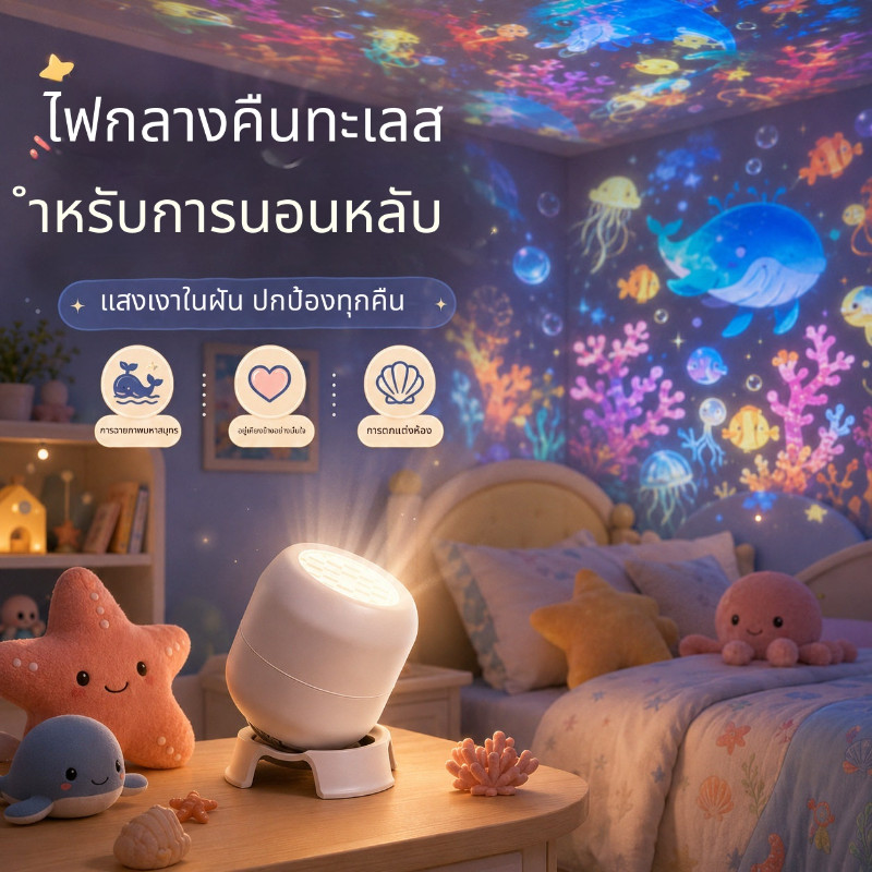 ส่งจากไทย โคมไฟโปรเจคเตอร์ทะเลสำหรับเด็ก ไฟกลางคืน LED ฉายภาพสัตว์ทะเล หมุนได้ 360° ใช้ USB ตกแต่งห้องนอน ของขวัญวันเกิด