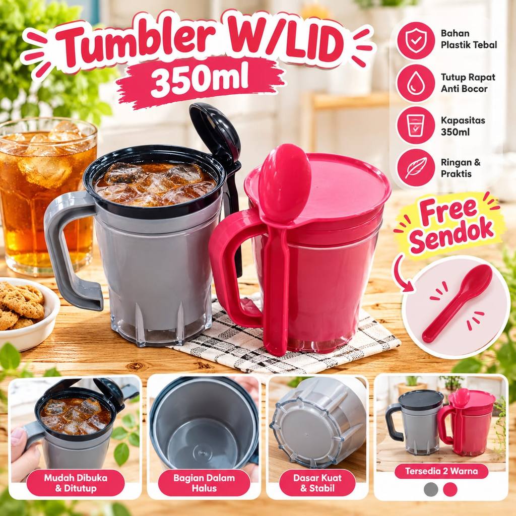 MERAH TUMBLER W/LID 350ML / GREY/RED - ฟรีแก้วใส