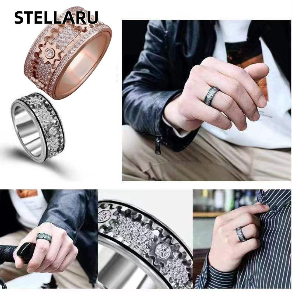 STELLARU Gear Spinner Rings Handmade Diamond Orate Mechanical Band Ring