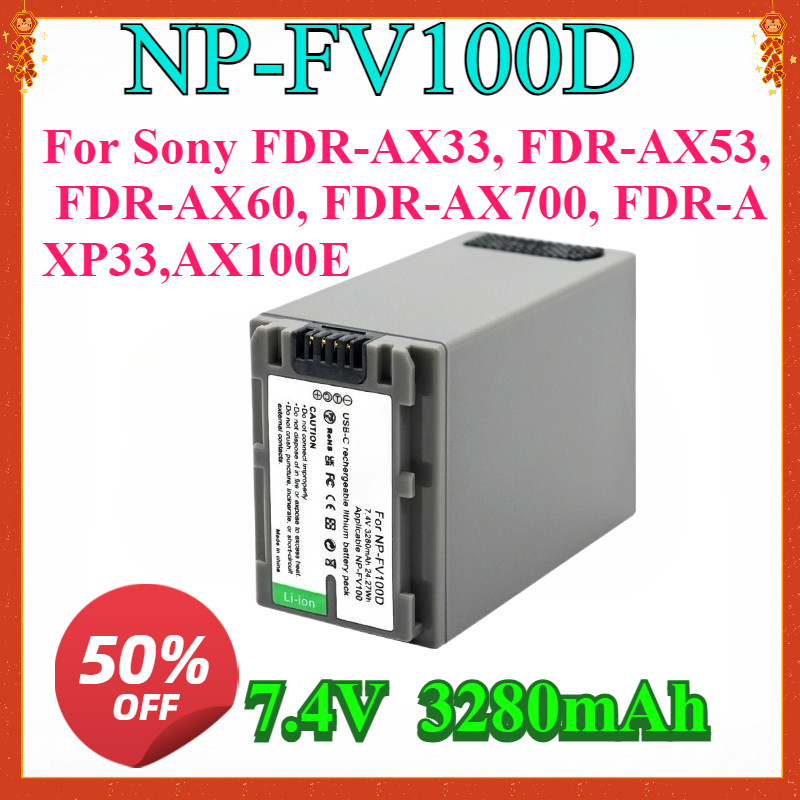 ใหม่ 3280mAh NP-FV100D NP-FV70 แบตเตอรี่อินพุต Type-C สําหรับ Sony FDR-AX33, FDR-AX53, FDR-AX60, FDR