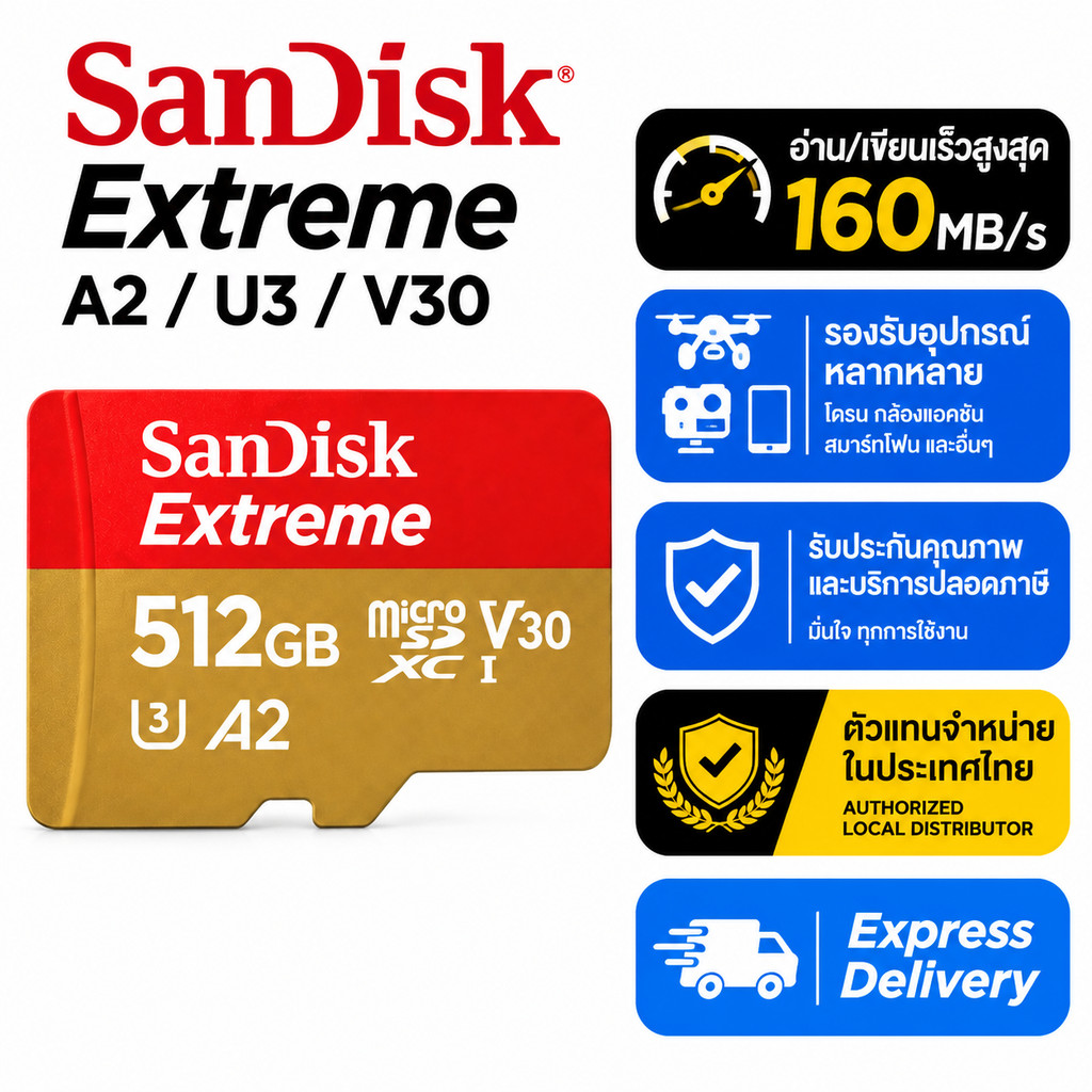 Sandisk Extreme micro SDcard 32GB/64GB/128GB/256GB/512GB/1TB การ์ดหน่วยความจำ A2 V30 อะแดปเตอร์
