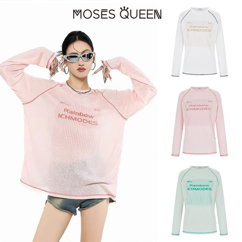 MOSESQUEEN تيشيرت نسائي بأكمام طويلة بطباعة حروف