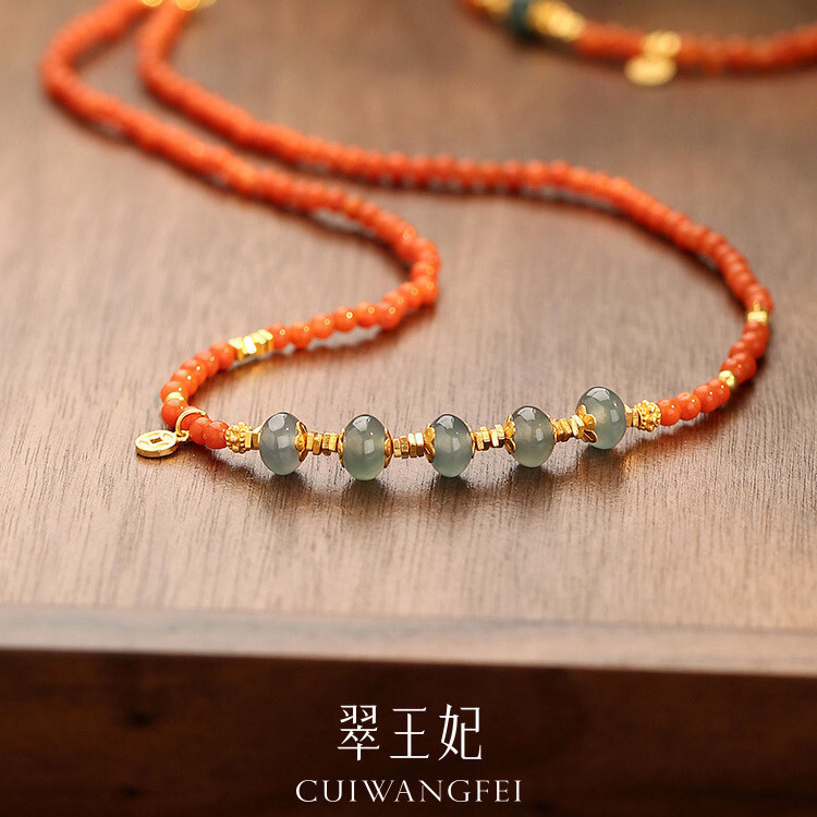 สร้อยคอหยกแท้ธรรมชาติ สไตล์จีน พร้อมอาเกตและลูกปัดนำโชค HT99 M6OT