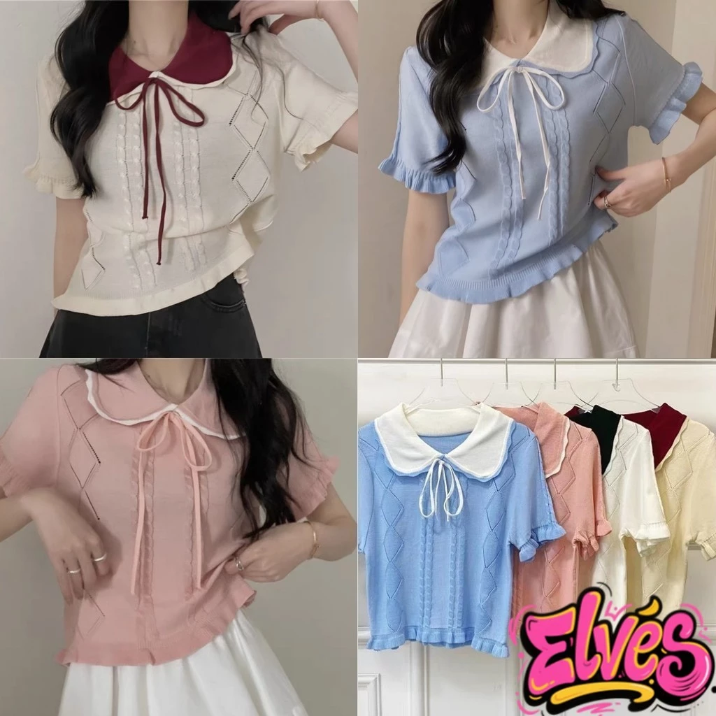 Elves✨พร้อมส่ง✨ เสื้อยืดไหมพรม คอปก แขนสั้น ผ้าบางเบา สไตล์เกาหลี ดีเทลลายผ้าผูกโบว์ น่ารักและใส่สบาย 'MT717-1'