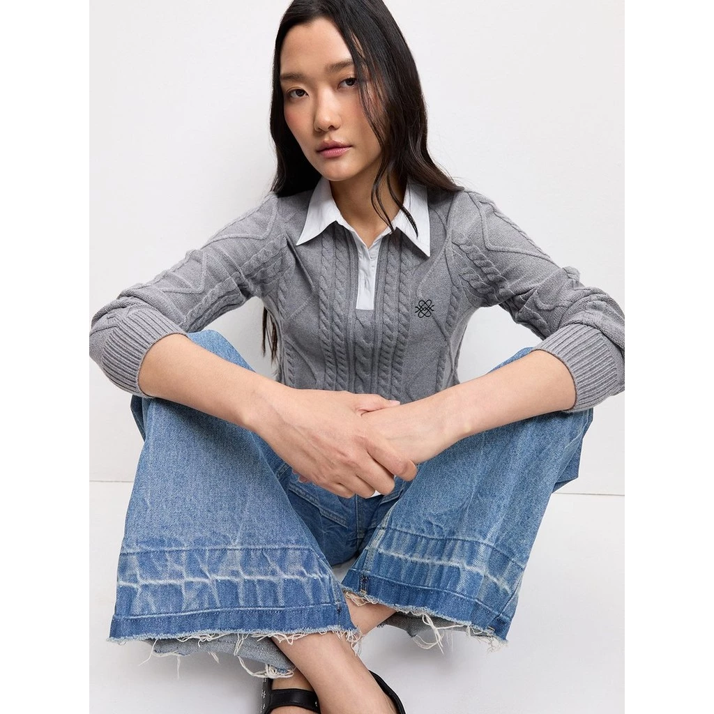 [Pomelo] เสื้อผ้าถักดีไซน์ลายนูน / Cable Knit Top