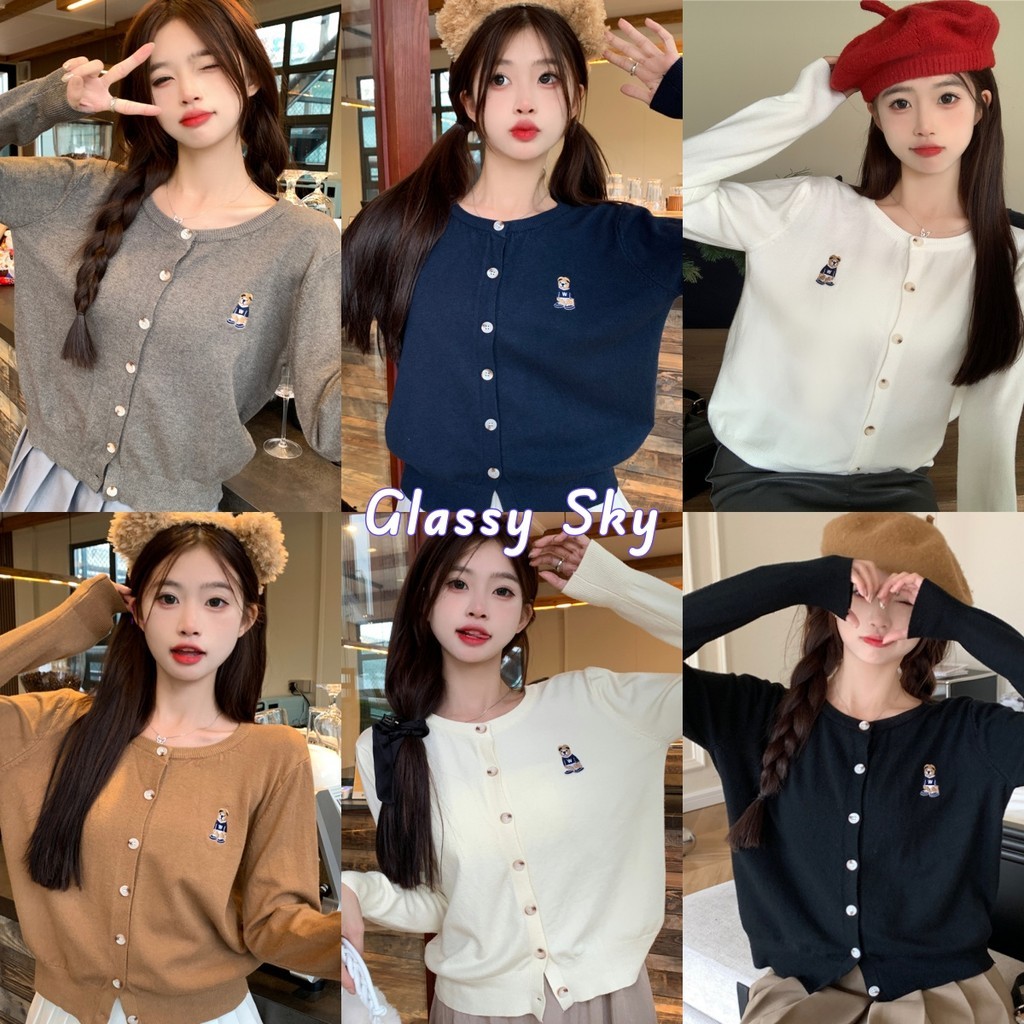 Glassy Sky💖พร้อมส่ง💖เสื้อคลุมไหมพรมแขนยาวน่ารัก คอกลม ปักลายหมี ใส่สบาย สีทึบ สวมใส่สบาย(Y-2812)
