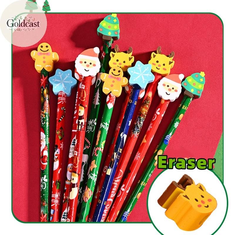 ทอง 12 ชิ้นดินสอคริสต์มาสการ์ตูนยางลบ Santa Claus Xmas Tree ดินสอไม้สําหรับนักเรียนอุปกรณ์การเรียนของขวัญเด็ก TH