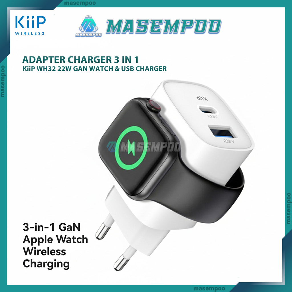 KiiP WH32 อะแดปเตอร์ชาร์จ 3in1 22W GaN6 ชาร์จเร็ว USB-A USB-C iWatch