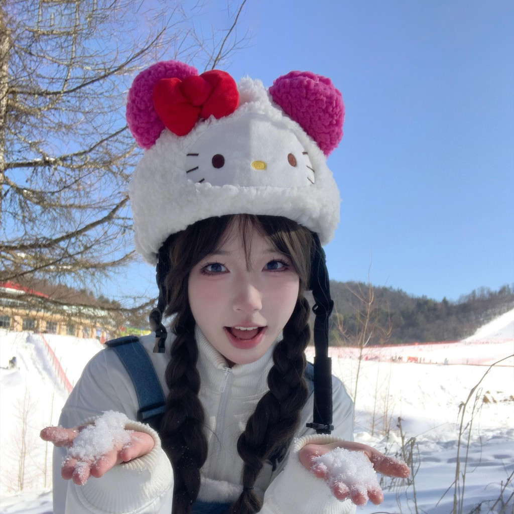 หมวกกันน็อคสกีตกแต่งวีเนียร์ แบบคิตตี้ ออกแบบน่ารัก อุปกรณ์ป้องกันอบอุ่นสำหรับเล่นสกี