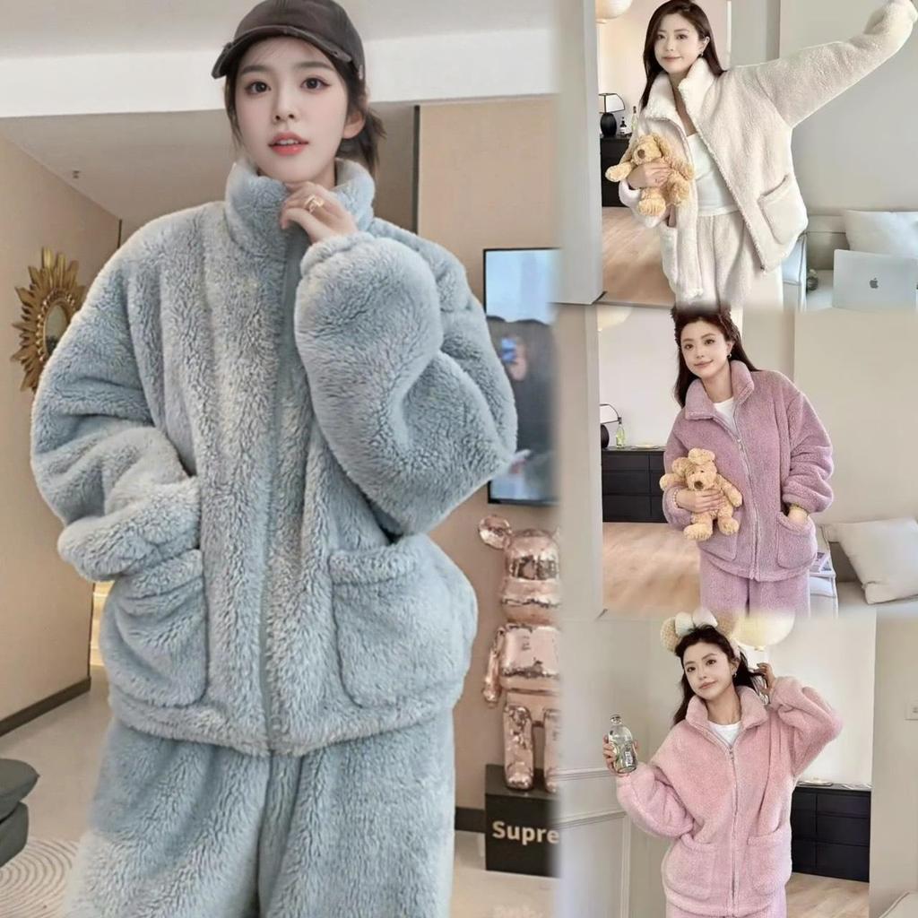 Meeijashop No.Dr139 ชุดเซ็ทขนนุ่มสีพื้น ซิปหน้า ชุดนอน ชุดใส่เที่ยว เสื้อผ้าแฟชั่น