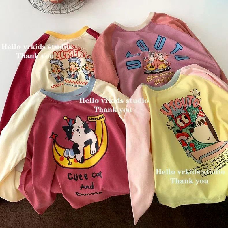 สาวผ้าฝ้ายแท้แขนยาวการ์ตูนพิมพ์ แร็กแลน แขนเสื้อยืดฤดูใบไม้ร่วงเกาหลีรุ่นเด็กรอบคอสไตล์ตะวันตกด้านบนอินเทรนด์ ที เม็ดข้าวเด็กผลิตภ