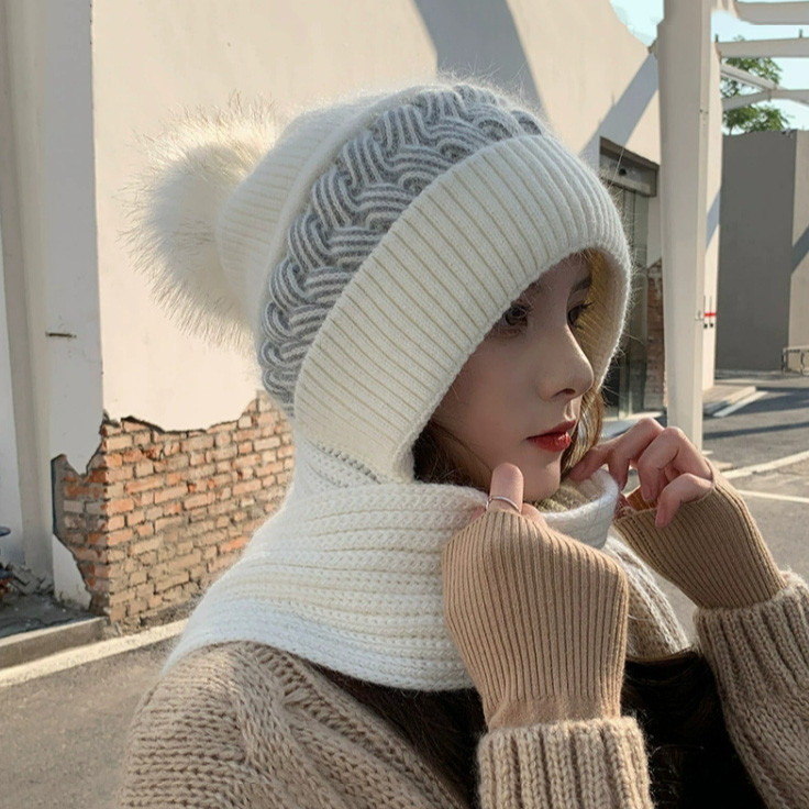 หมวกไหมพรมกันหนาวมีปอม+ผ้าพันคอ เซ็ตแฟชั่นผู้หญิง น่ารัก อุ่นนุ่ม ใส่เที่ยวหิมะ ฤดูหนาวเกาหลี earmuff กันหนาว - รูปที่ 6