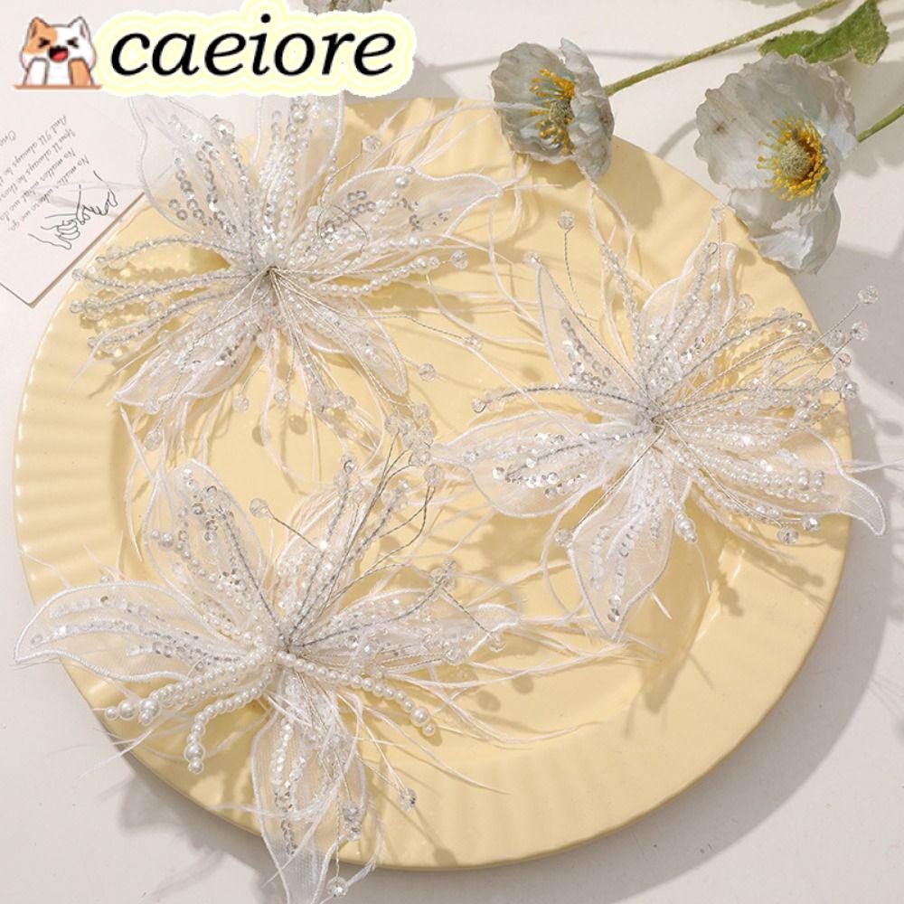 CAEIORE Organza ดอกไม้ Patch, Feather Pearl คริสตัลดอกไม้ DIY เย็บ Decals, แฟชั่น Twisted ลวดลูกไม้ Multi-layer Studded Patch ชุดตกแต่ง