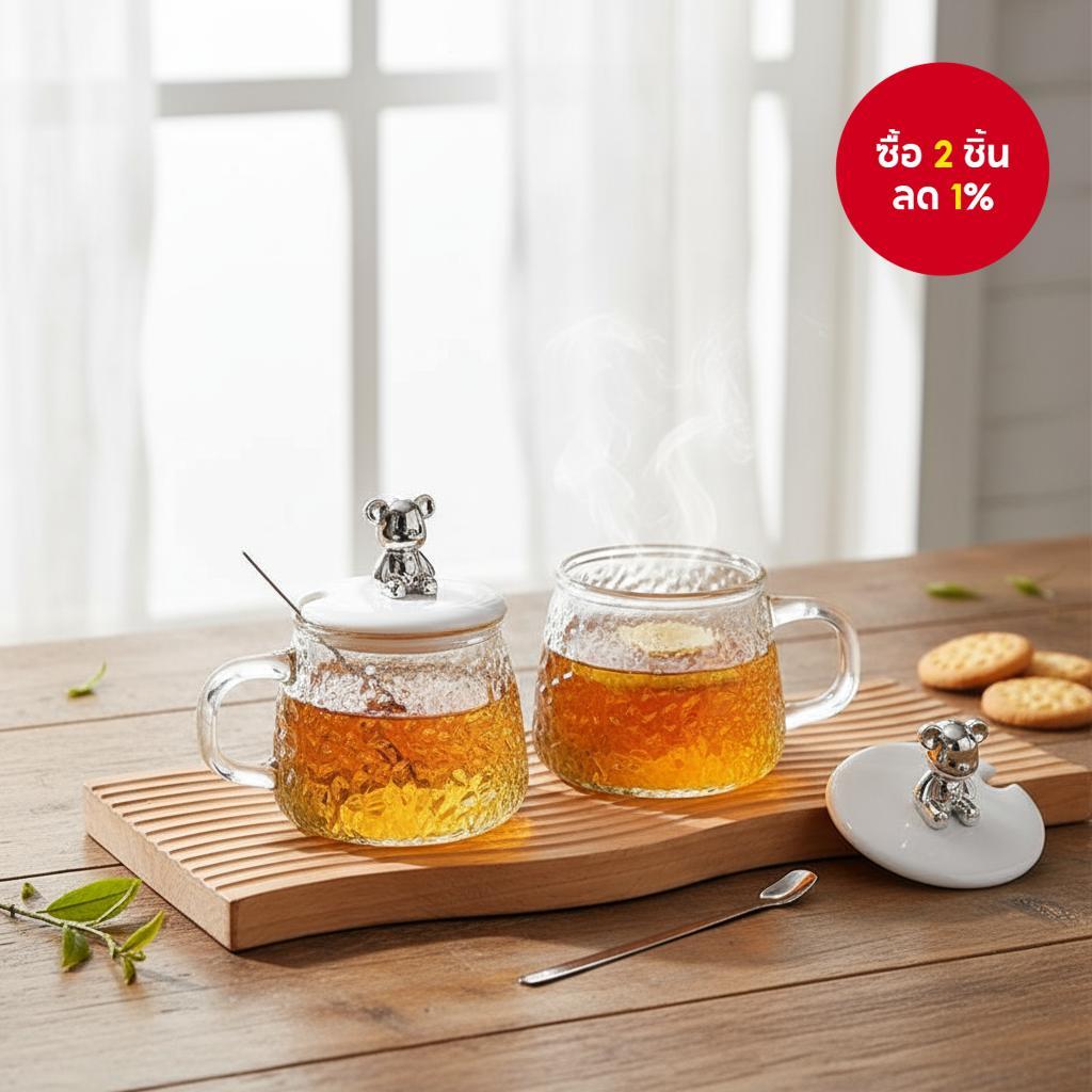 แก้วมัคแก้วทนความร้อนลายการ์ตูนน่ารัก - Winter Ulife พร้อมช้อนและฝาปิด