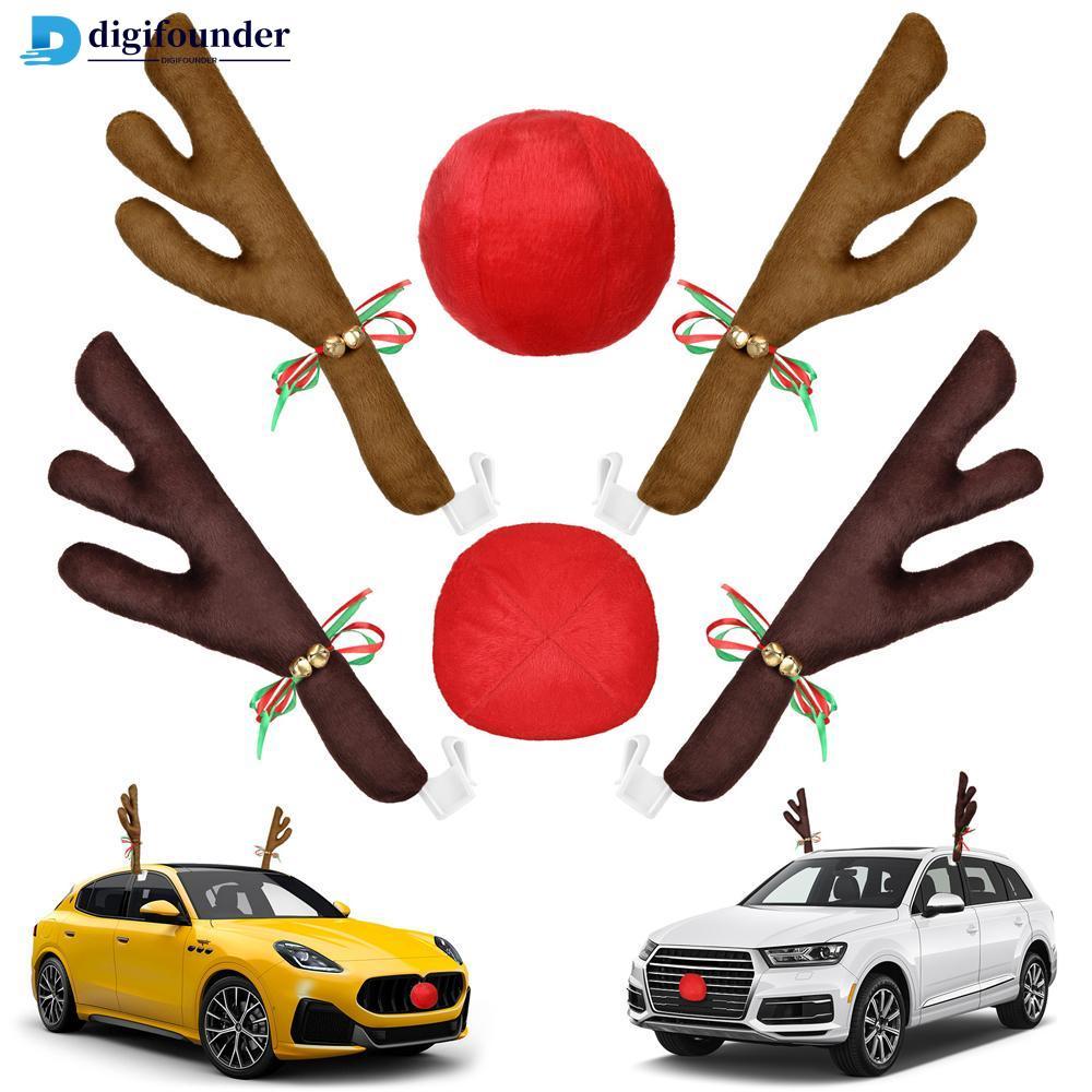 DIGIFOUNDER 2 ชิ้นรถกวางฮอร์น Antlers ตกแต่งรถชุดจมูกสีแดงและหางสําหรับวันหยุดชุดของขวัญคริสต์มาสรถอ