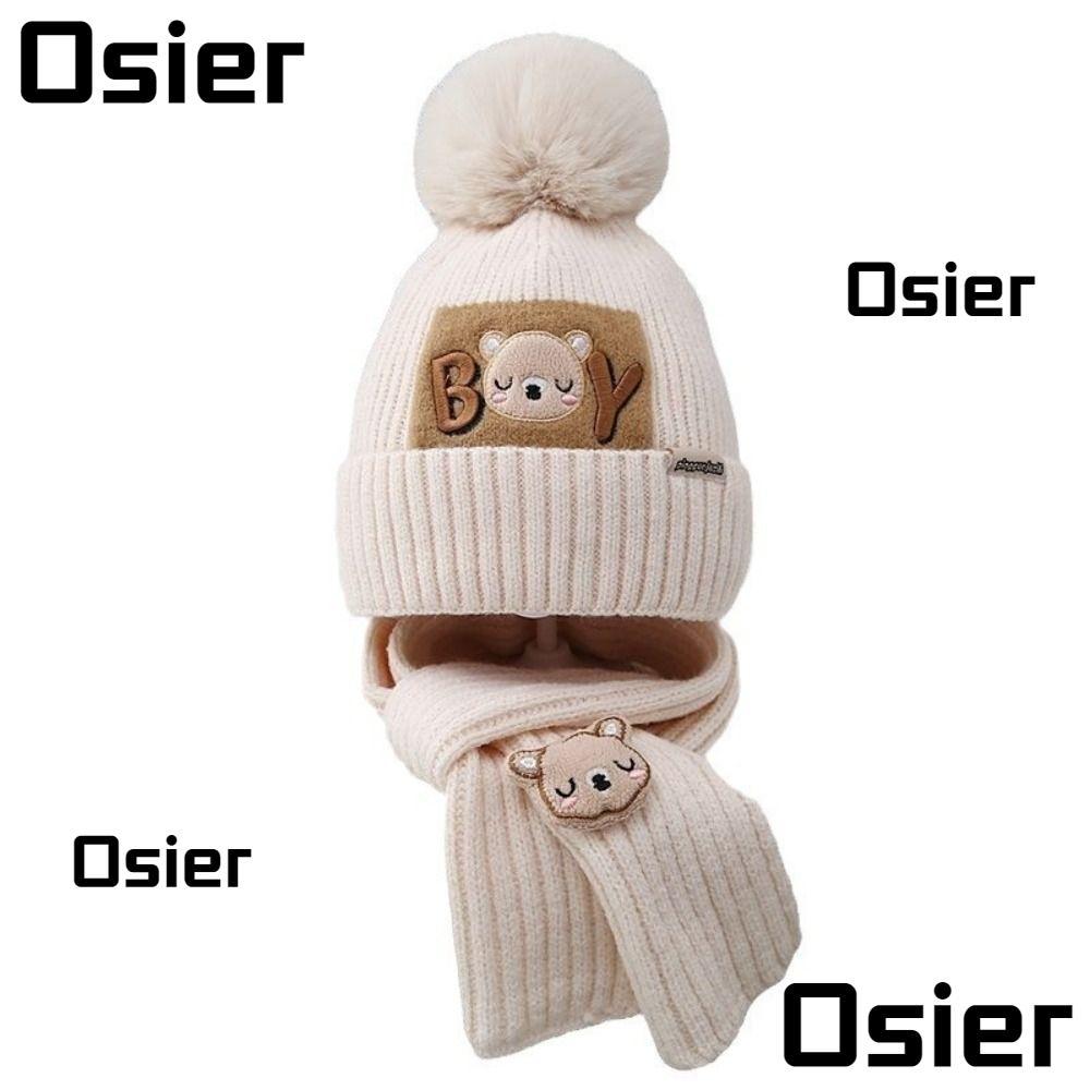 OSIER ชุดหมวกและผ้าพันคอดอกไม้ Pompon สไตล์การ์ตูนหมีน่ารัก สำหรับเด็กในฤดูหนาว