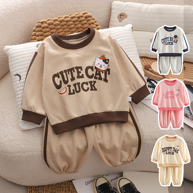 (6m-7Yrs) เด็กฤดูใบไม้ร่วงฤดูใบไม้ผลิชุดกีฬาชุดรอบคอ Hoodie Sweatpants เกาหลีหลวม Fit ชุดสองชิ้น