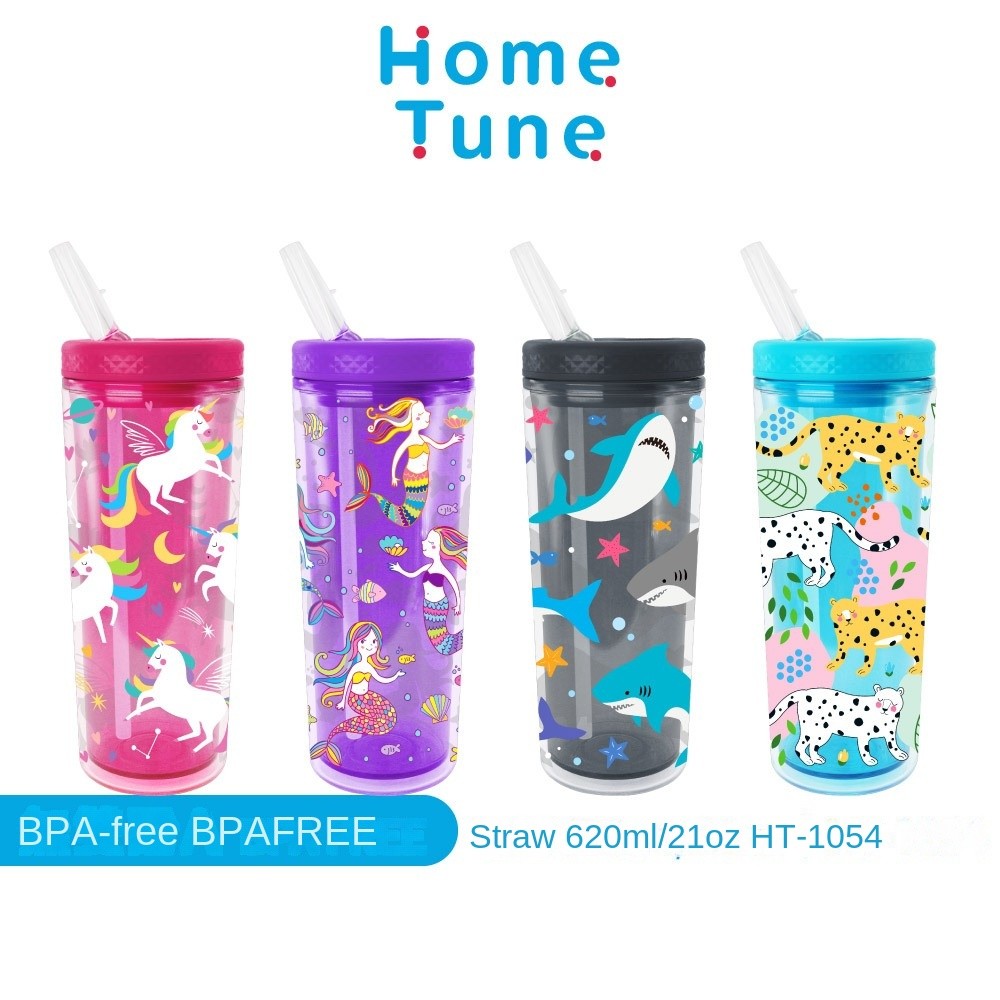 กระติกน้ําเด็กพร้อมหลอดถ้วยการเรียนรู้ถ้วยน้ํากันฝุ่นถ้วยเดินทาง21ออนซ์/620มล ขวดน้ําสองชั้น ขวดน้ํา