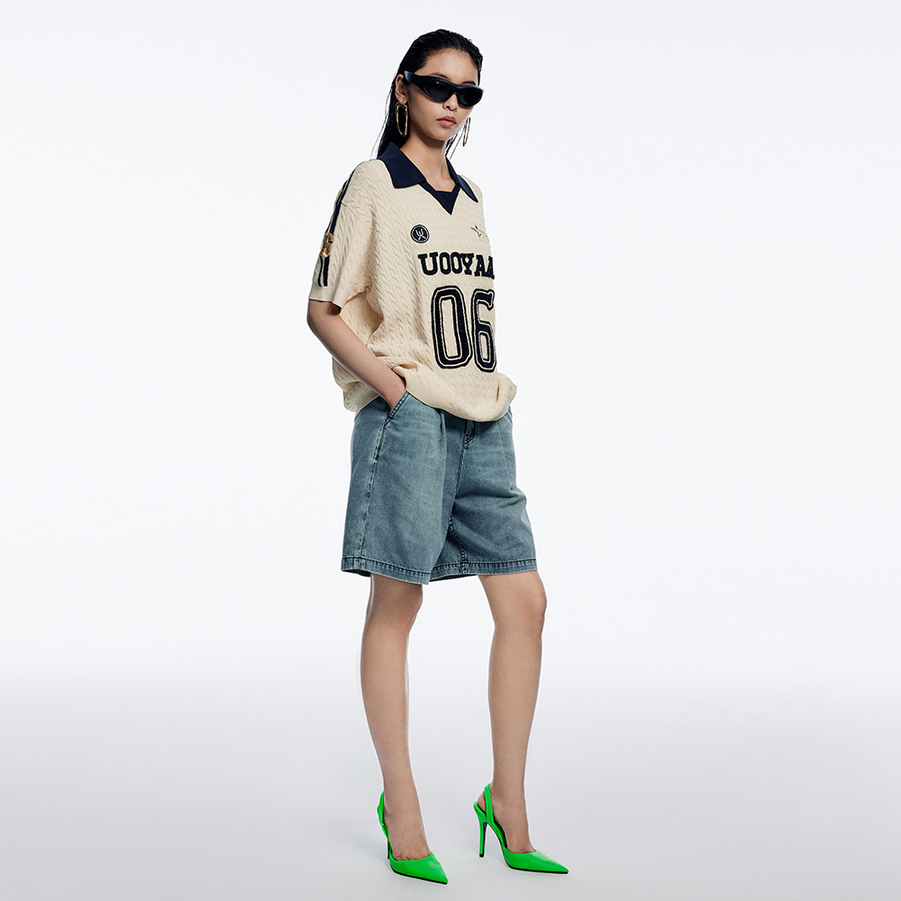 UOOYAA ฤดูร้อนปี 2023 สไตล์ใหม่ กางเกงยีนส์ Bermuda กางเกงไซส์ใหญ่