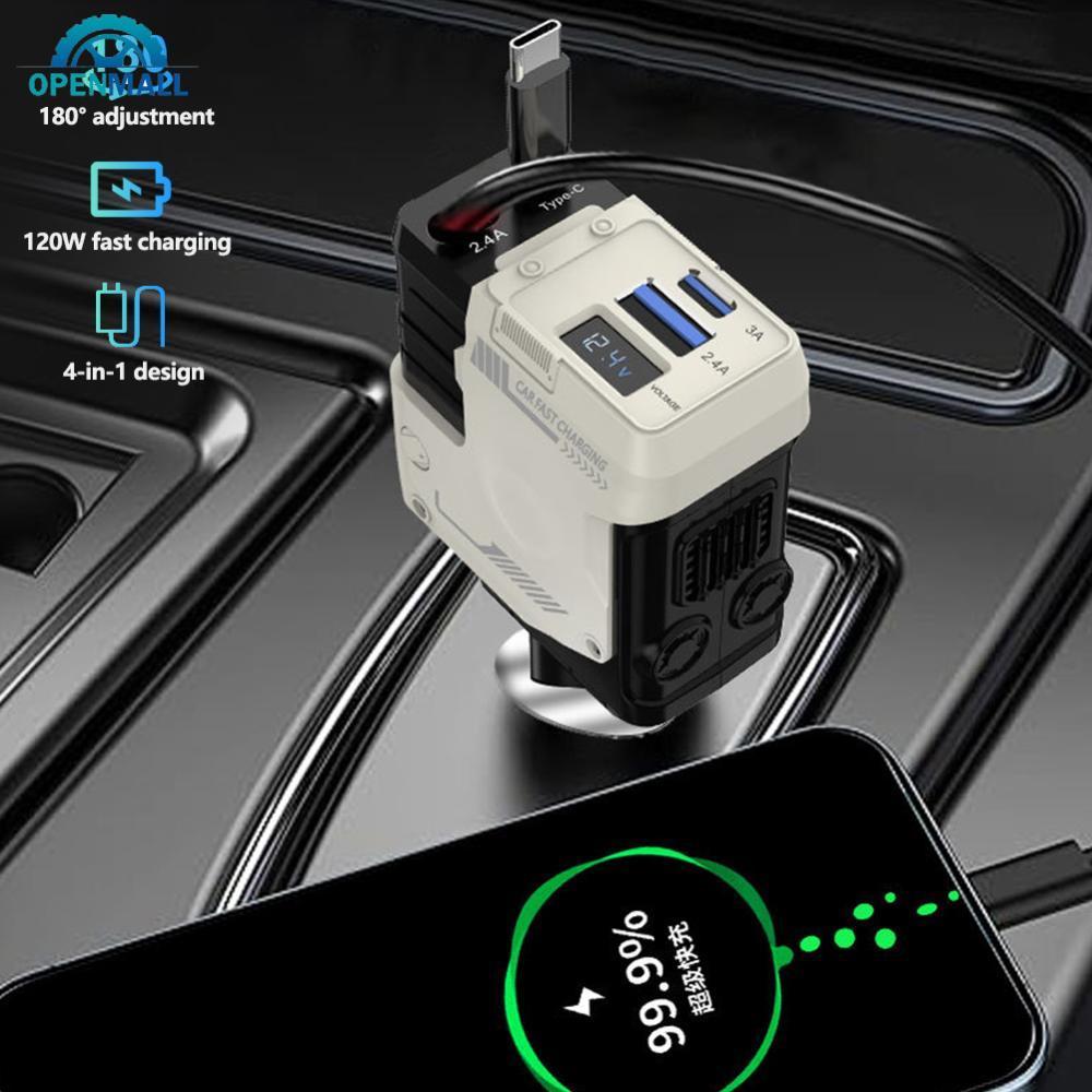 OPENMALL 120W Car Charger Super Fast Flash Charge USB/Type C Multi Port Charger 4 in 1 สายขยาย I2O4