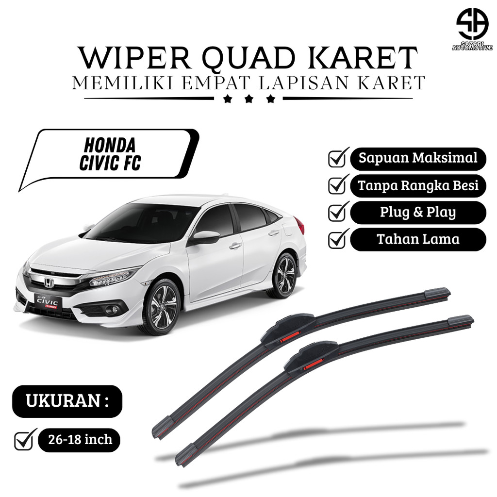 ที่ปัดน้ําฝนรถยนต์ Civic FC Frameless Quad Blade 4 ยางคุณภาพ 1 ชุด 2 ชิ้น ซ้ายและขวา
