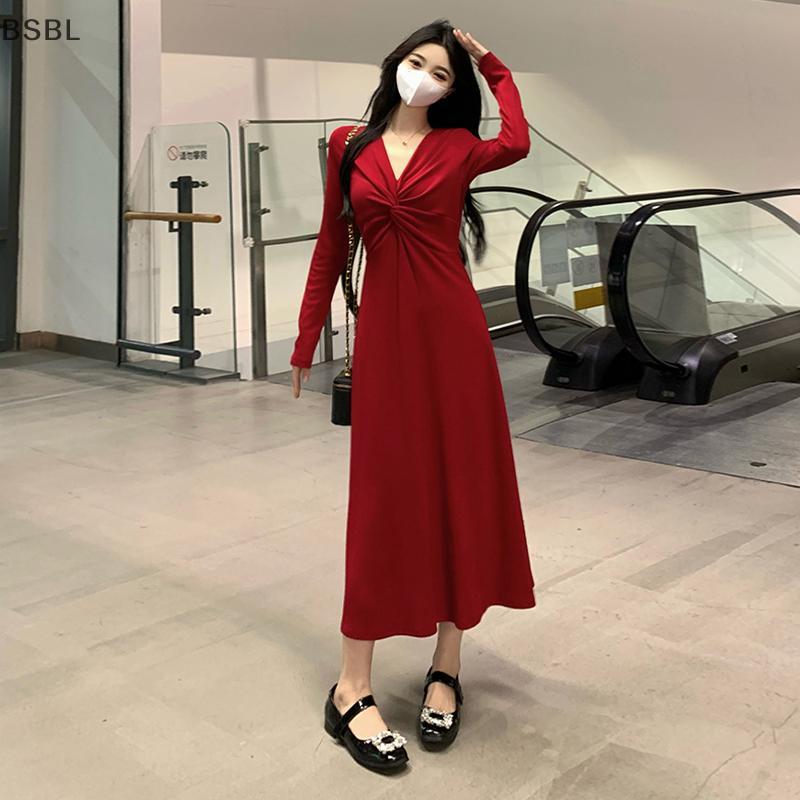 BSBL ชุดถักแขนยาว V คอ Twist สไตล์เชิค มิดิ สำหรับผู้หญิง