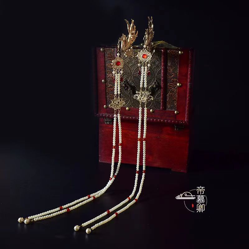 Di Muqing Hand-Made Hanfu Headdress อุปกรณ์เสริม Phoenix Crown ยาว Flow Hairpin เครื่องแต่งกาย Pearl