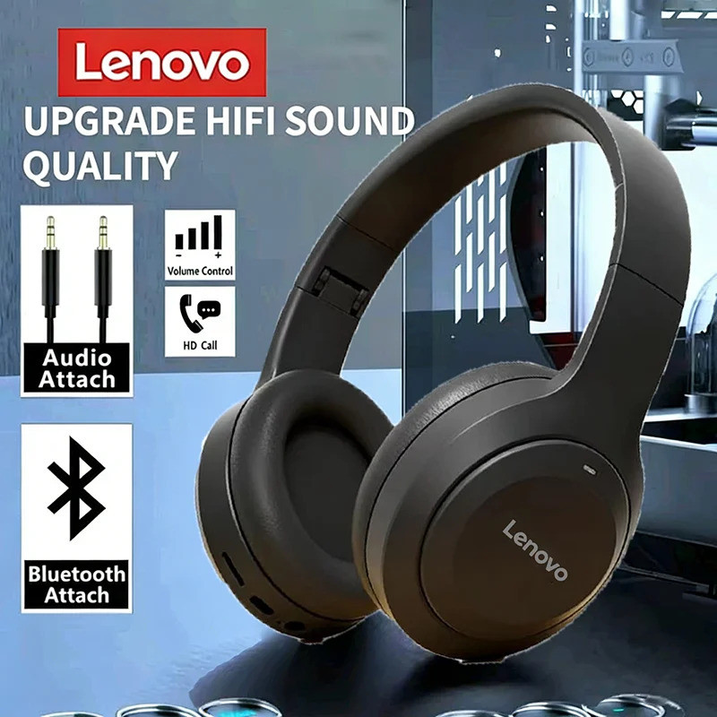หูฟังบลูทูธไร้สาย Lenovo คอมพิวเตอร์พับได้แบบครอบหูหูฟังไร้สายชุดหูฟังสเตอริโอสําหรับเล่นเกม Android