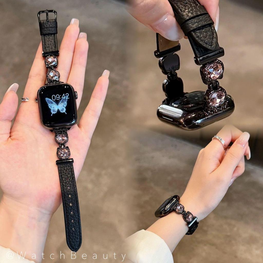 สายนาฬิกา สายหนังบาง ประดับเพชรสีชมพูวิบวับ เหมาะสำหรับผู้หญิง สามารถใช้ได้กับ AppleWatch SmartWatch รุ่นต่างๆ พร้อมส่ง