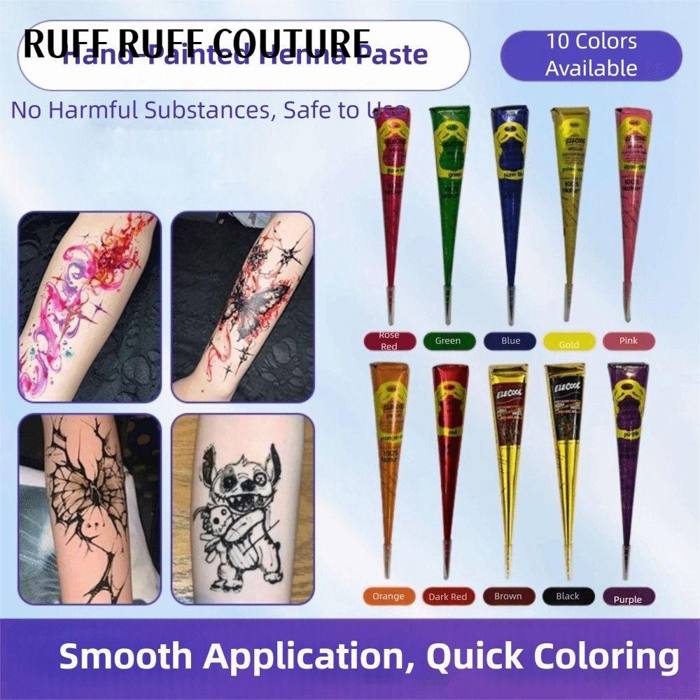 RUFF RUFF COUTURE Henna Tattoo Cream, สีดําสีน้ําตาลง่ายต่อการใช้ Henna Paste Cone, Body Art ชั่วครา