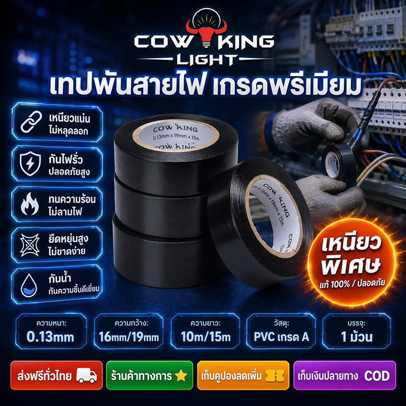 CK-LIGHT เทปพันสายไฟ 10-15 เมตร เหนียวแน่น ติดทนนาน ยืดหยุ่นได้ดี ทนความร้อนสูง Electrical insulation tape