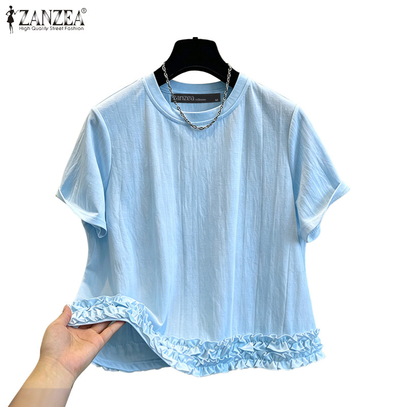 ZANZEA ซานเซีย เสื้อเบลาส์คอกลมแขนสั้นทรงหลวมแข็งแบบลําลองเกาหลีสําหรับผู้หญิง — صورة 6