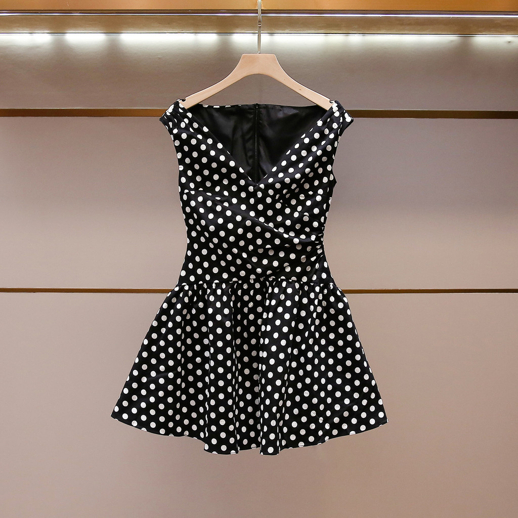 MU6J Sandro ผู้หญิงฤดูร้อนสไตล์ใหม่ Light Mature สไตล์จีบเอว Polka Dot Slimmer ดูชุดเสื้อกั๊ก