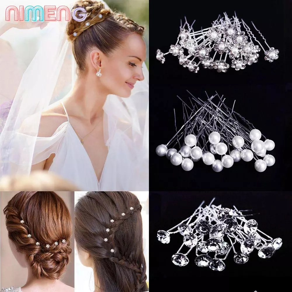 NIMENG 20 ชิ้นดอกไม้ Hairpin Stick งานแต่งงานคริสตัลเพิร์ล Hairpin เจ้าสาว Tiara U รูปคลิปผม