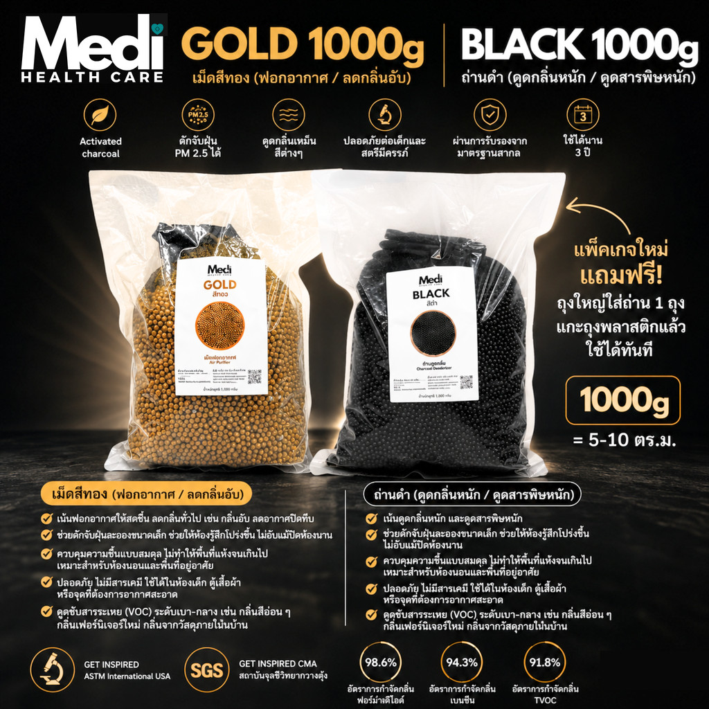 Medi ถุงถ่านดับกลิ่น สี กลิ่นอับชื้น 1,000g ฟอกอากาศได้ เกรดพรีเมี่ยม ปล่อยประจุลบ ปลอดภัย