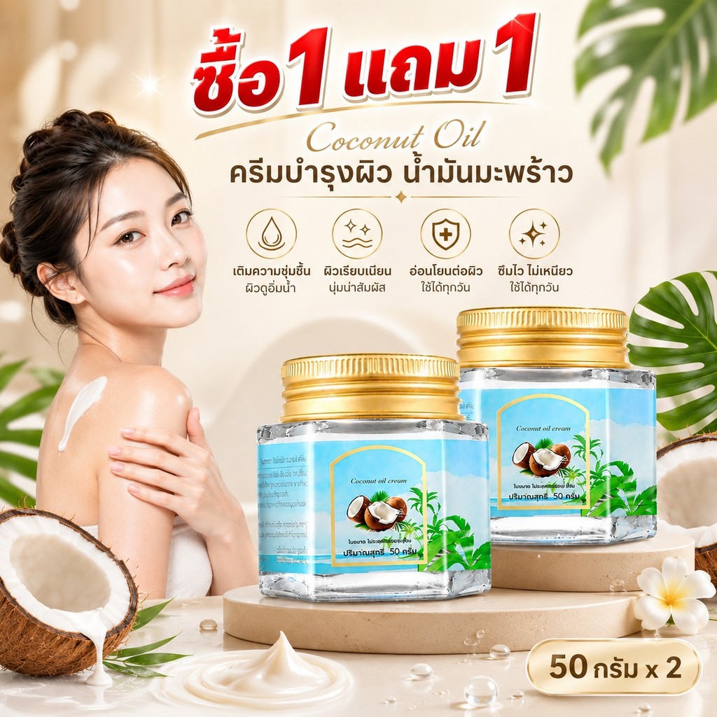 ซื้อ 1 แถม 1!ครีมน้ำมันมะพร้าว Coconut Oil ครีมบำรุงผิวกาย เติมความชุ่มชื้น ผิวนุ่ม ซึมไว ไม่เหนียวเหนอะหนะ 2 กระปุก