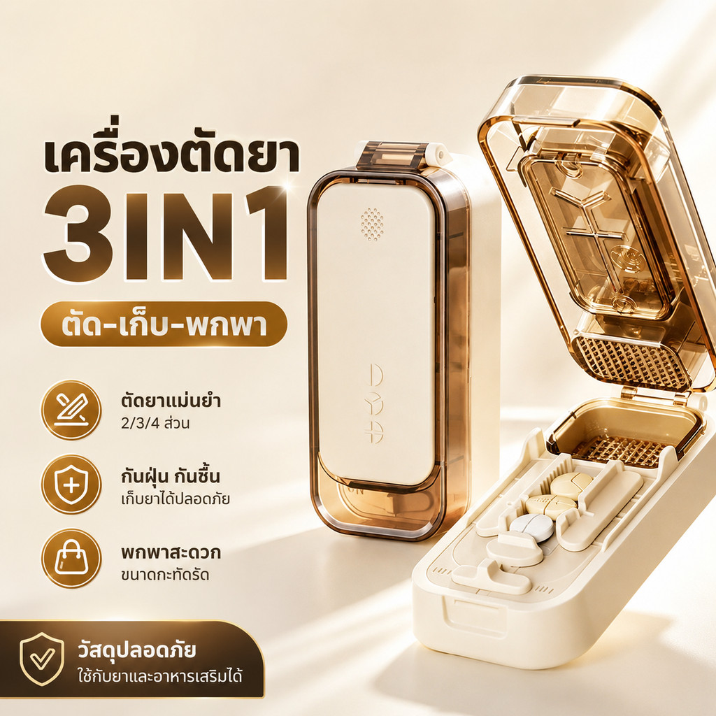 COD กล่องยาพกพา 3in1 พกพา กล่องเก็บยา พร้อมใบมีดตัดยา กันน้ำ กันชื้น แยกช่อง ใช้เดินทางได้